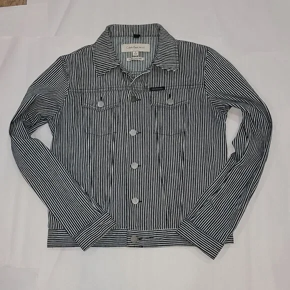 Calvin Klein Clean Line Trucker Teddy Stripe Engineer Denim Jacket NWOT Size M - Picture 2 of 10